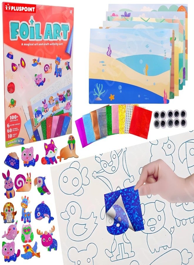 PLUSPOINT Foil Art Kit for Kids Animals Theme 100+ Foam Stickers Arts and Crafts, No Mess Art for Kids, Fun Craft Kits & Supplies, DIY Creative Activities, Travel Toys Gifts for Girls & Boys Ages 5+ - Image 1